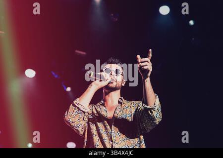 12. Juli 2018 in Rom, Italien: Carl Brave Carlo Luigi Coraggio tritt live auf der Bühne im Rock in Ippodromo delle Capannelle auf. (Kreditbild: © Valeria Magri/SOPA Images via ZUMA Press Wire) Stockfoto