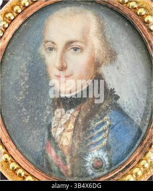 Ein Miniaturporträt des pfälzischen Erzherzogs Alexander Leopold aus dem 18. Jahrhundert, in Gold und Lack gemalt. Das Porträt zeigt den Erzherzog in ungarischer Uniform mit Medaillen, eingerahmt von Blumenstickerei. Alexander Leopold war der Sohn von Kaiser Leopold II. Und wurde 1790 zur Pfalz von Ungarn gewählt. Stockfoto