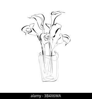 Eine Linie Calla-Lilie in einer Glasvase. Trendige botanische Elemente. Von Hand gezeichnete Linie hinterlässt Zweige und blüht. Hochzeit elegante Wildblumen für Stock Vektor