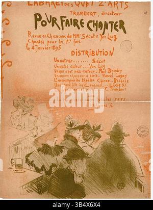 Henri de Toulouse-Lautrecs lithographisches Poster „Cabaret des Quat'z'Arts“, das zwischen 1894 und 1895 erstellt wurde, wirbt für das Pariser Kabarett. Das zweifarbige Poster, signiert von Toulouse-Lautrec, ist eine kleinformatige Lithografie, die die lebendige, lebendige Atmosphäre des Ortes mit einem Fokus auf den Regisseur Trombert unterstreicht. Es ist ein bedeutendes Beispiel für Toulouse-Lautrecs Arbeit zur Förderung der Pariser Unterhaltungskultur. Stockfoto