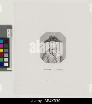 Kupferstich von Friedrich von der Trenck von Gustav Adolph Ludwig Zumpe. Dieses Porträt präsentiert Trenck in einem raffinierten und formalen Stil, typisch für Porträts aus dem späten 18. Jahrhundert. Stockfoto