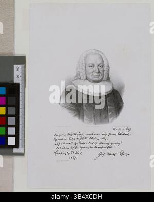 Porträt von Johann Melchior Goeze, erstellt 1758 von Christian Fritzsch und Johann Christian Gottfried Fritzsch. Dieser Kupferstich ist in der Staats- und Universitätsbibliothek Hamburg untergebracht. Stockfoto