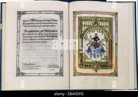 Diese zugeschnittene Ansicht des Adelsdiploms von 1908 für Hermann Ritter von Pfaff zeigt den Adelstitel des Fürsten Luitpold von Bayern mit kalligraphischem Text und einem aufwändigen Wappen. Der Titel verlieh ihm den erblichen Adelsstatus „von Pfaff“, behielt aber seinen früheren Rittertitel, was seine soziale Stellung in der bayerischen Aristokratie unterstreicht. Stockfoto