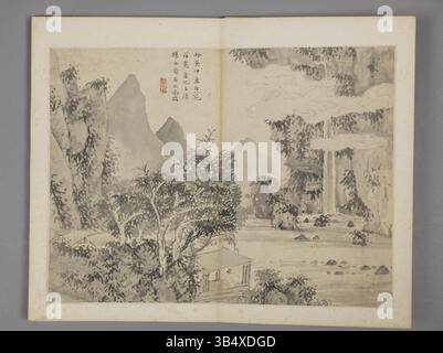 Dieses Gemälde von Shen Hao (1586–), das im Palace Museum ausgestellt wurde, zeigt das Talent des Künstlers in der traditionellen chinesischen Landschaftsmalerei und betont Pinselarbeiten und Harmonie mit der Natur. Stockfoto