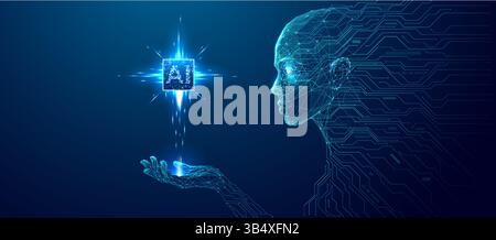 Cyborg hält den KI-Chip an der Hand. Blauer technologischer Hintergrund Stock Vektor