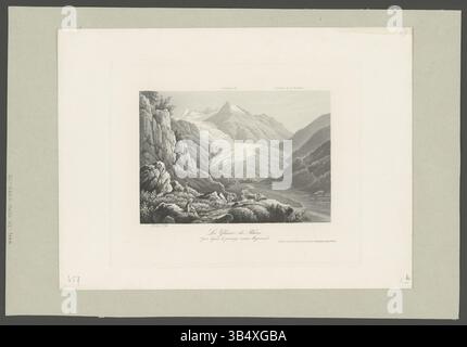 Dieser von Johann Rudolf Dikenmann entworfene Aquatindruck zeigt eine detaillierte Landschaftsansicht des Gletschers du Rhone vom Meyenwand-Pass aus. Der Druck enthält Elemente wie Gallenstock und Chemin de la Fourka und ist mit Bleistiftbeschriftungen gekennzeichnet. Stockfoto