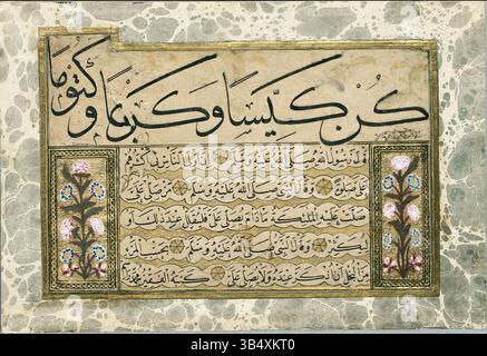 Ein Kalligraphisches Exemplar von Egrikapili Mehmed Rasim aus der ersten Hälfte des 18. Jahrhunderts. Es enthält Sülüs- und Nesih-Schriften und ist Teil der 16,5 x 24,3 cm großen Sammlung des Sakip Sabanci Museums. Stockfoto