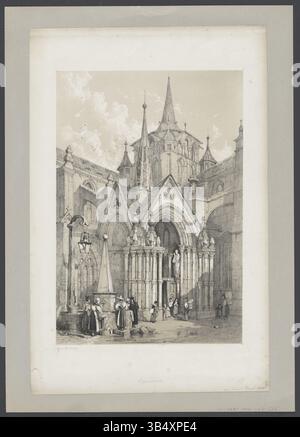 Diese Lithografie von Samuel Prout aus dem Jahr 1839 zeigt einen Blick auf Lausanne in der Schweiz. Sie erfasst die Südveranda der Kathedrale von Lausanne und bietet eine detaillierte Skizze der umliegenden Architektur. Prouts Arbeiten, die während seiner Reisen durch Europa entstanden sind, umfassen Landschaften aus Frankreich, Belgien, Deutschland, Italien und der Schweiz. Stockfoto