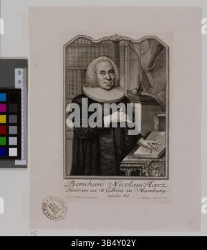Dieser 1758 von Christian Fritzsch und Johann Christian Gottfried Fritzsch geschaffene Kupferstich von Bernhard Nicolaus Harz, Diaconus in St. Cathrin in Hamburg, ist in der Staats- und Universitätsbibliothek Hamburg erhalten. Stockfoto
