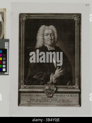 Ein Kupferstich-Porträt von Johann Christoph Glaetzl, geschaffen von Bernhard Gottlieb Fridrich und Johann Leonhard Hirschmann. Dieses Werk ist Teil der Sammlung der Staats- und Universitätsbibliothek Hamburg. Stockfoto