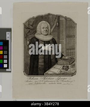 Dieser 1758 von Christian Fritzsch und Johann Christian Gottfried Fritzsch geschaffene Kupferstich von Johan Melchior Goeze ist Teil der Sammlung der Staats- und Universitätsbibliothek Hamburg. Goeze war eine wichtige intellektuelle Persönlichkeit dieser Zeit. Stockfoto
