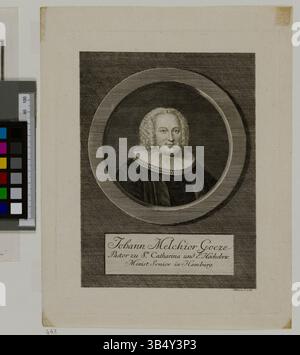 Dieser Kupferstich von Johann Michael Stock aus dem Jahr 1768 zeigt Johann Melchior Goeze, der in der Staats- und Universitätsbibliothek Hamburg aufbewahrt wurde. Stockfoto