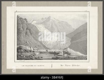 Die Lithographie von 1838 mit dem Titel „Le Glacier du Rhône“ zeigt den Rhonegletscher in der Schweiz. Der von Charles-Rodolphe Weibel-Comtesse entworfene Druck fängt die natürliche Landschaft mit detaillierten Darstellungen der Merkmale des Gletschers ein. Das Werk ist Teil des Albums de la Suisse pittoresque, das die Schweizer Landschaft zeigt. Stockfoto