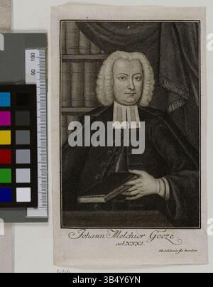 Kupferstich von Johann Melchior Goeze von Johann David Schleuen in der Hamburger Staats- und Universitätsbibliothek Carl von Ossietzky. Dieses Porträt zeigt Goeze in detaillierter Linienarbeit. Stockfoto