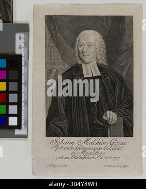 Kupferstich von Johann Melchior Goeze von Johann Martin Bernigeroth und Fröling, Teil der Sammlung der Staats- und Universitätsbibliothek Hamburg, Carl von Ossietzky. Dieses Porträt fängt Goeze detailgetreu ein. Stockfoto