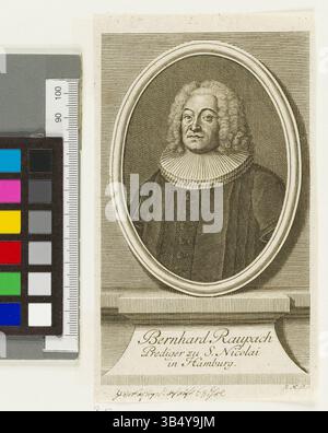 Kupferstichporträt von Bernhard Raupach von Johann Martin Bernigeroth, in der Hamburger Staats- und Universitätsbibliothek Carl von Ossietzky. Das Kunstwerk stellt Raupach in einem historischen Porträtstil aus dem 19. Jahrhundert dar. Stockfoto