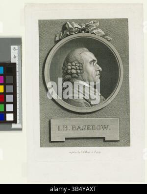 Kupferstich-Porträt von Johann Bernhard Basedow aus dem Jahr 1740, geschaffen von Johann Friedrich Bause. Der Druck ist Teil der Sammlung der Staats- und Universitätsbibliothek Hamburg. Stockfoto