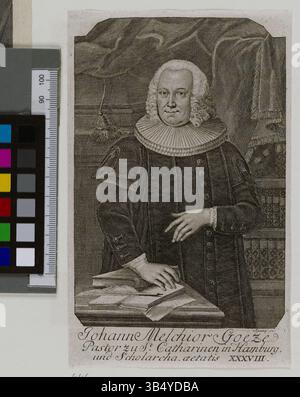 Kupferstich von Johann Melchior Goeze von Johann Christoph Sysang aus der Sammlung der Staats- und Universitätsbibliothek Hamburg Carl von Ossietzky. Das Porträt zeigt Goeze im klassischen Gravurstil. Stockfoto