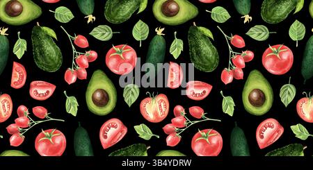 Nahtloses Muster. Handgezeichnetes Aquarellgemüse. Gurke, Basilikum, Tomaten, Bio, Avocado, Blätter. Abbildung auf schwarzem Hintergrund. Für Stockfoto