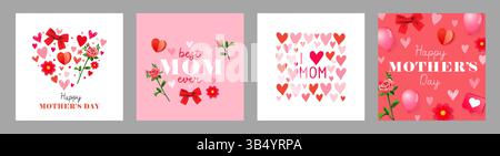 Beste Mama aller Zeiten und ich liebe dich Mama Grußkarten Set mit Herzen und Damenaccessoires. Happy Mother's Day kreative Typografie Banner Set Stock Vektor