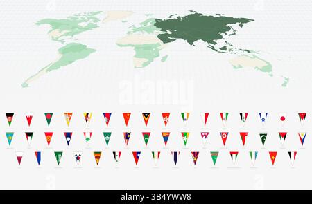 Vollständiger Satz asiatischer Landesflaggen im vertikalen Dreieckformat. Vector World Map. Stock Vektor