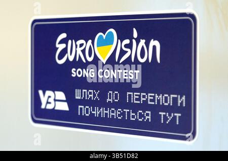 Das Logo des Eurovision Song Contests, Kiew, Ukraine, am 1. Mai 2025 (Foto: Kyrylo Chubotin/Ukrinform) Stockfoto