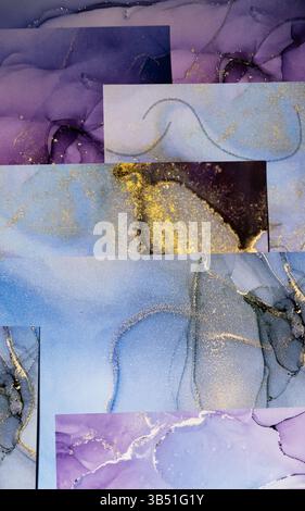 Marmorplatten Oberfläche in verschiedenen Farben mit Glitzereffekt. Moderner abstrakter Steinhintergrund. Stockfoto