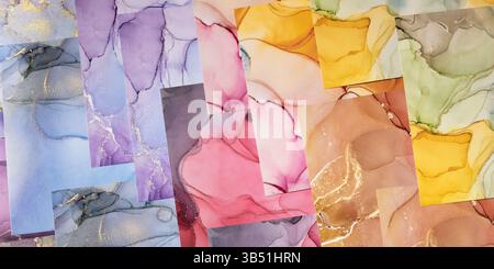 Marmorplatten Oberfläche in verschiedenen Farben mit Glitzereffekt. Moderner abstrakter Steinhintergrund. Stockfoto