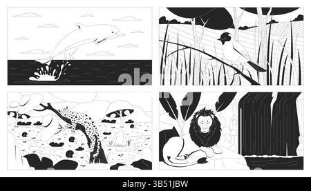Wildtiere in natürlichen Lebensräumen Strichillustrationen Set Stock Vektor