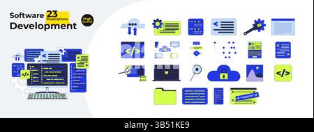 Software-Entwicklung und Programmierung Comic Flat Illustrations Mega Bundle Stock Vektor