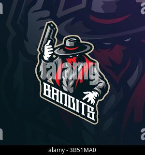 Bandits Maskottchen Logo Design Vektor mit modernem Illustrationskonzept Stil für Abzeichen, Emblem und T-Shirt Druck. Banditen-Illustration mit Waffen in der Hand. Stock Vektor