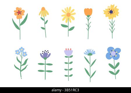 Einfache wilde gelbe und blaue Blüten. Stock Vektor