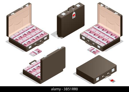 Chinesischer Yuan. Isometrischer Vektor von Aktentaschen voller chinesischer Yuan, was auf Finanztransport oder illegalen Cashflow hindeutet. Stock Vektor