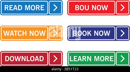 Set aus sechs farbenfrohen rechteckigen Web-Schaltflächen mit Text wie „Read More“, „Watch Now“, „Book Now“ und „Download“, die für Websites und die Navigation auf der Benutzeroberfläche verwendet werden Stock Vektor