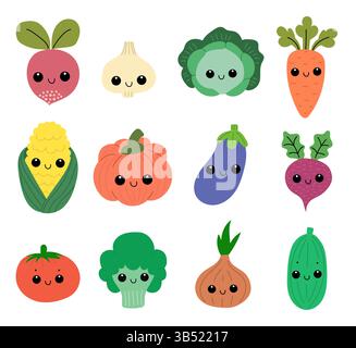 Set aus niedlichen Comic-Gemüsefiguren mit lächelnden Gesichtern. Bio-Lebensmittel. Kawaii Essen. Stock Vektor