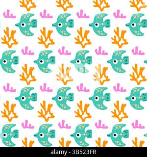 Nahtloses Muster mit tropischen Fischen und Korallen Stock Vektor