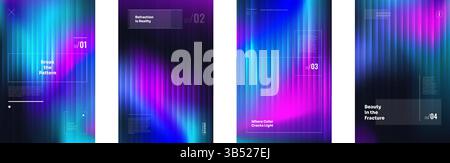 Neonfraktalglaseffekt mit Fluidgradient und prismatischer Verzerrung. Wellige vertikale Linien, holografische Farben und weiche Unschärfe. Abstrakter futuristischer Vektorhintergrund für UI, Musik oder Branding-Design. Stock Vektor