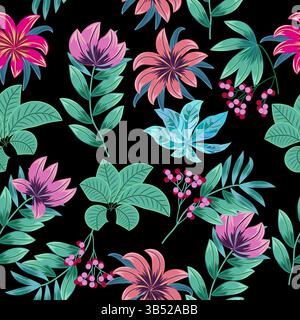 Nahtloses Muster mit roten Beeren und tropischen Palmenblättern. Botanik-Hintergrund, Dschungel-Tapete. Stock Vektor