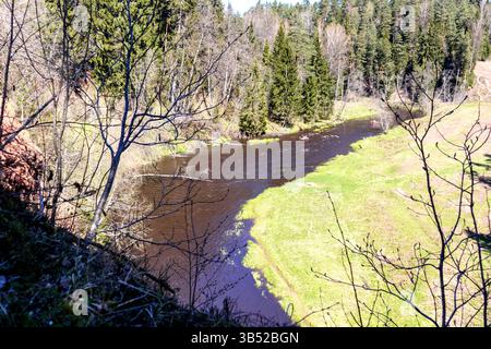 Ein Fluss, der langsam durch ein bewaldetes Tal mit steilen Ufern fließt, wo Bäume und Gras wachsen, und die Silhouetten der Bäume spiegeln sich im wider Stockfoto