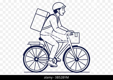 Minimalistische Line Art Illustration einer Lieferperson auf einem Fahrrad mit Paketen – urbane Lieferszene Stock Vektor