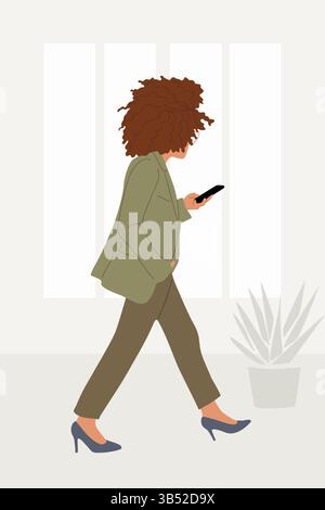 Eine Frau mit lockigen Haaren läuft mit dem Telefon Stock Vektor
