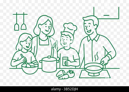 Zeilenzeichnung einer Familie, die gemeinsam Hausaktivitäten macht, Mutter, Vater und Kinder in der Küche kochen Stock Vektor