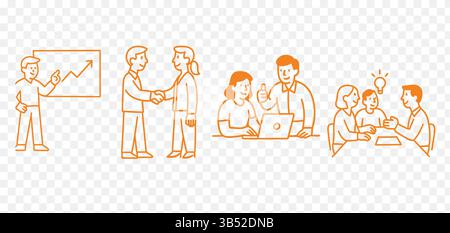 Minimalistische Line Art Illustrationen aus Geschäfts- und Büroszenen – Präsentationen, Brainstorming, Handshake und Teamwork-Konzepte Stock Vektor