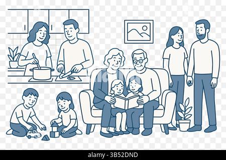 Minimalistische Line Art Illustration einer Familie, die die Zeit zu Hause genießt – gemütliche Hausszene Stock Vektor