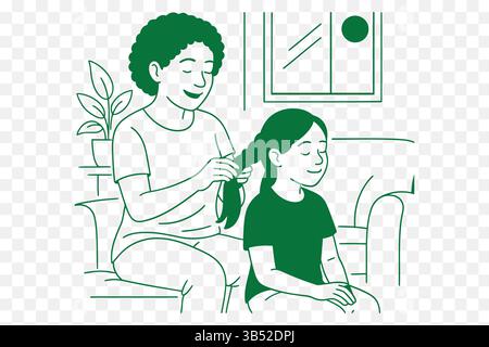 Line Art Illustration einer Mutter, die das Haar ihrer Tochter in einem sonnendurchfluteten Wohnzimmer flechtet – warmer Familienmoment Stock Vektor