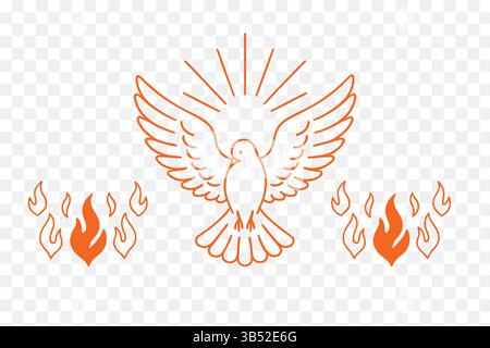 Strichgrafik Taube absteigend mit Strahlen und stilisierten Flammen minimaler editierbarer Vektor Stock Vektor