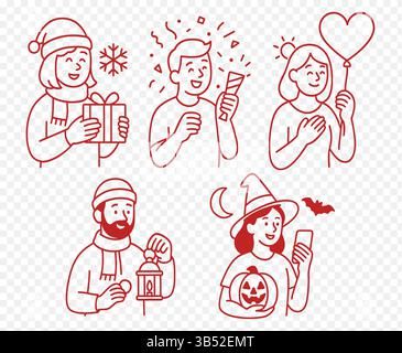 Strichkunst-Illustrationsset zur Feier von Ramadan Halloween Weihnachten Neujahr Valentinstag Stock Vektor