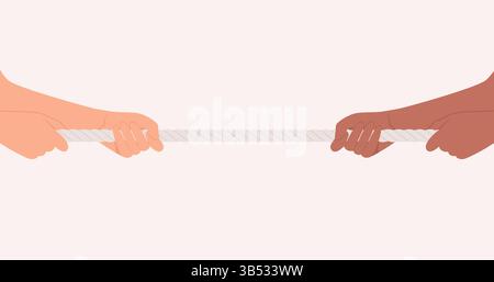 Hände von Menschen verschiedener Nationalitäten und Hauttöne ziehen ein Seil in entgegengesetzte Richtungen. Illustration des flachen Vektors Stock Vektor