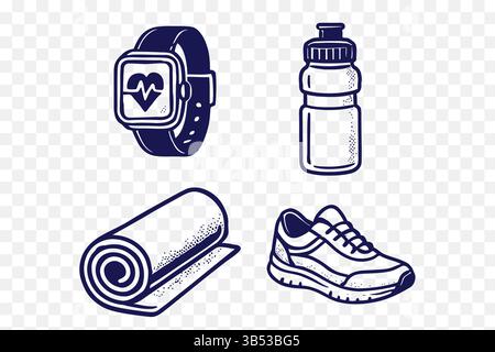 Minimalistisches Fitness & Wellness Essentials Icon Set – Line Art Vector Collection mit gesunden Lifestyle-Elementen Stock Vektor