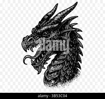 Gravierte Drachenkopf-Illustration im Vintage-Stil – kompliziertes und detailliertes Drachenkunstwerk für Fantasy- und Mythologie-Design-Projekte Stock Vektor